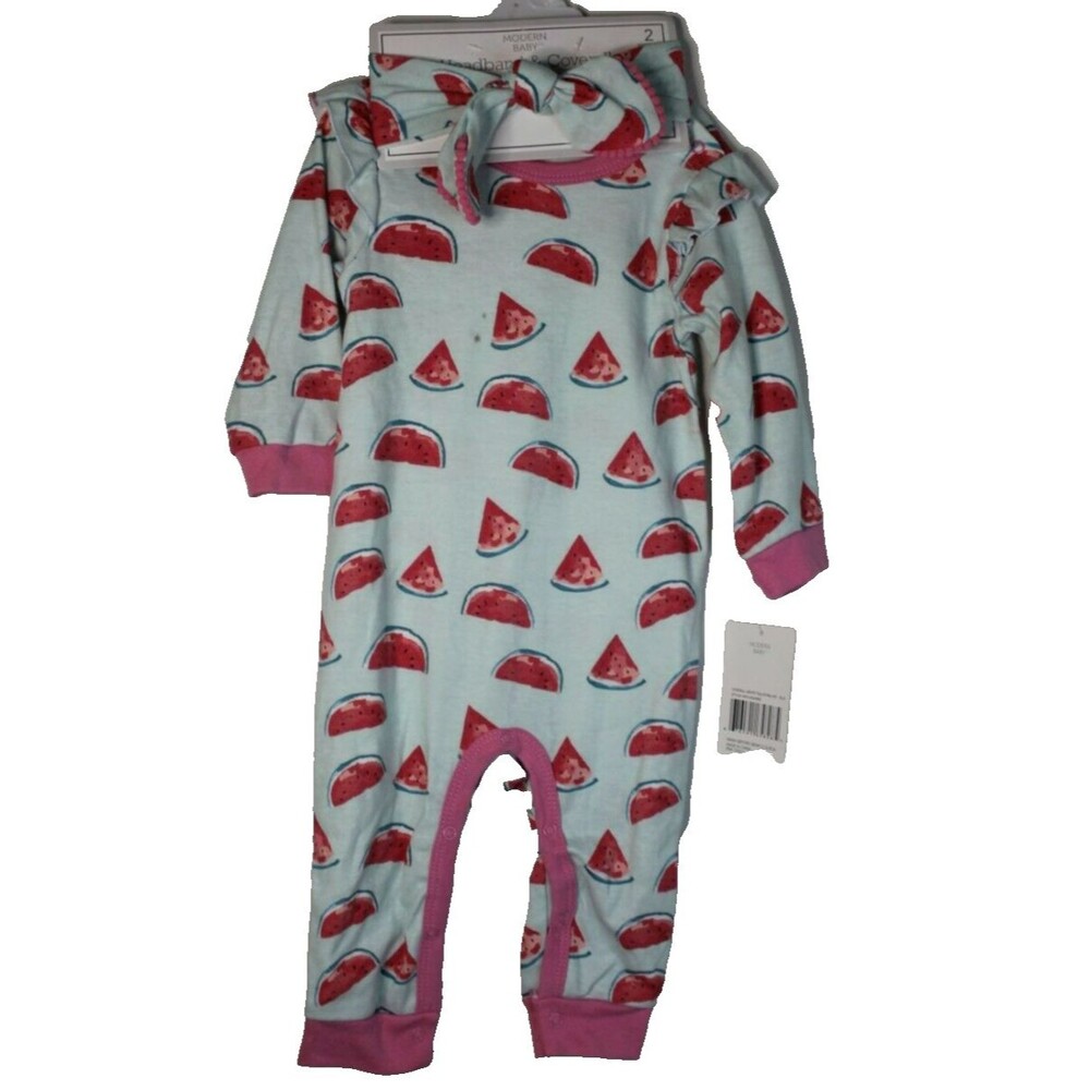 Modern Baby Coverall And Headband 12 Months 2pc Teal Watermelon